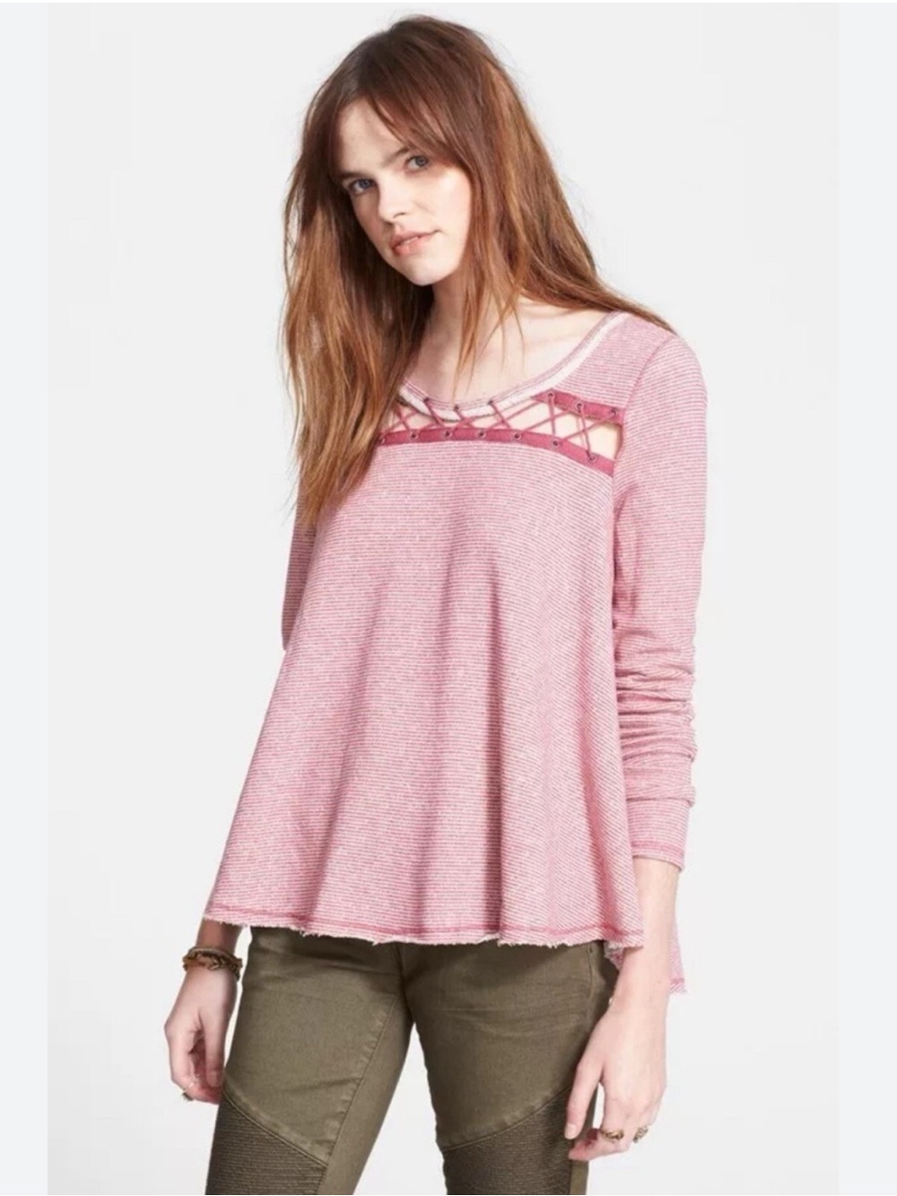 Free People “Lacey Love” Cutout Lattice Neckline Terry Knit Berry Swing Top• XS